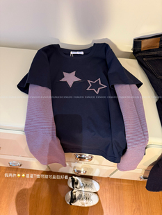  happy noko 减龄贴布星星条纹拼接袖子假两件长袖T恤女秋包邮