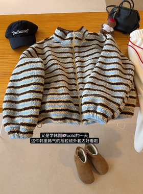 韩国ho*ne ！配色洋气显白白！蓝咖条纹羊羔绒立领拉链外套女