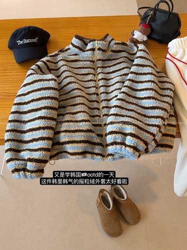 韩国ho*ne ！配色洋气显白白！蓝咖条纹羊羔绒立领拉链外套女