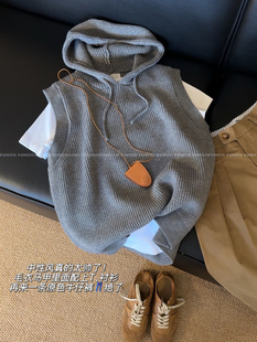 韩国ounce 含羊毛宽松休闲连帽针织毛衣马甲女 厚实大版