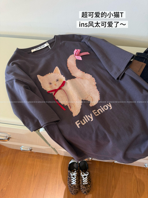 韩国k*m  爱这个炭灰色.猫咪蝴蝶结全棉洗水宽松大版T恤女包邮