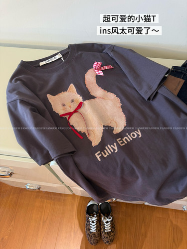 韩国k*m  爱这个炭灰色.猫咪蝴蝶结全棉洗水宽松大版T恤女包邮