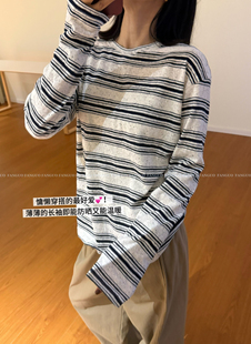 日杂风 包邮 亚麻竹节棉机理感 T恤 巨显瘦杂点条纹长袖 heatel