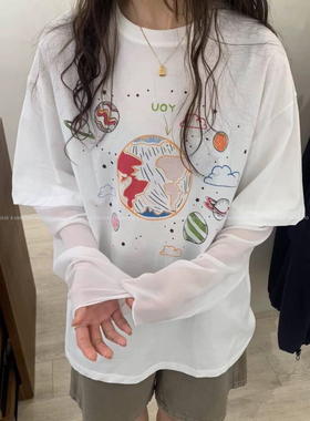 韩国Empty原版！防晒衣地球印花俏皮减龄慵懒风假两件T恤女