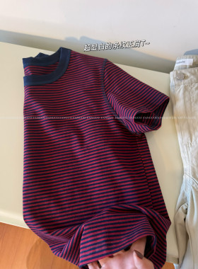 韩客单！复古有腔调！红蓝色织明线轮廓感条纹短袖T恤女包邮