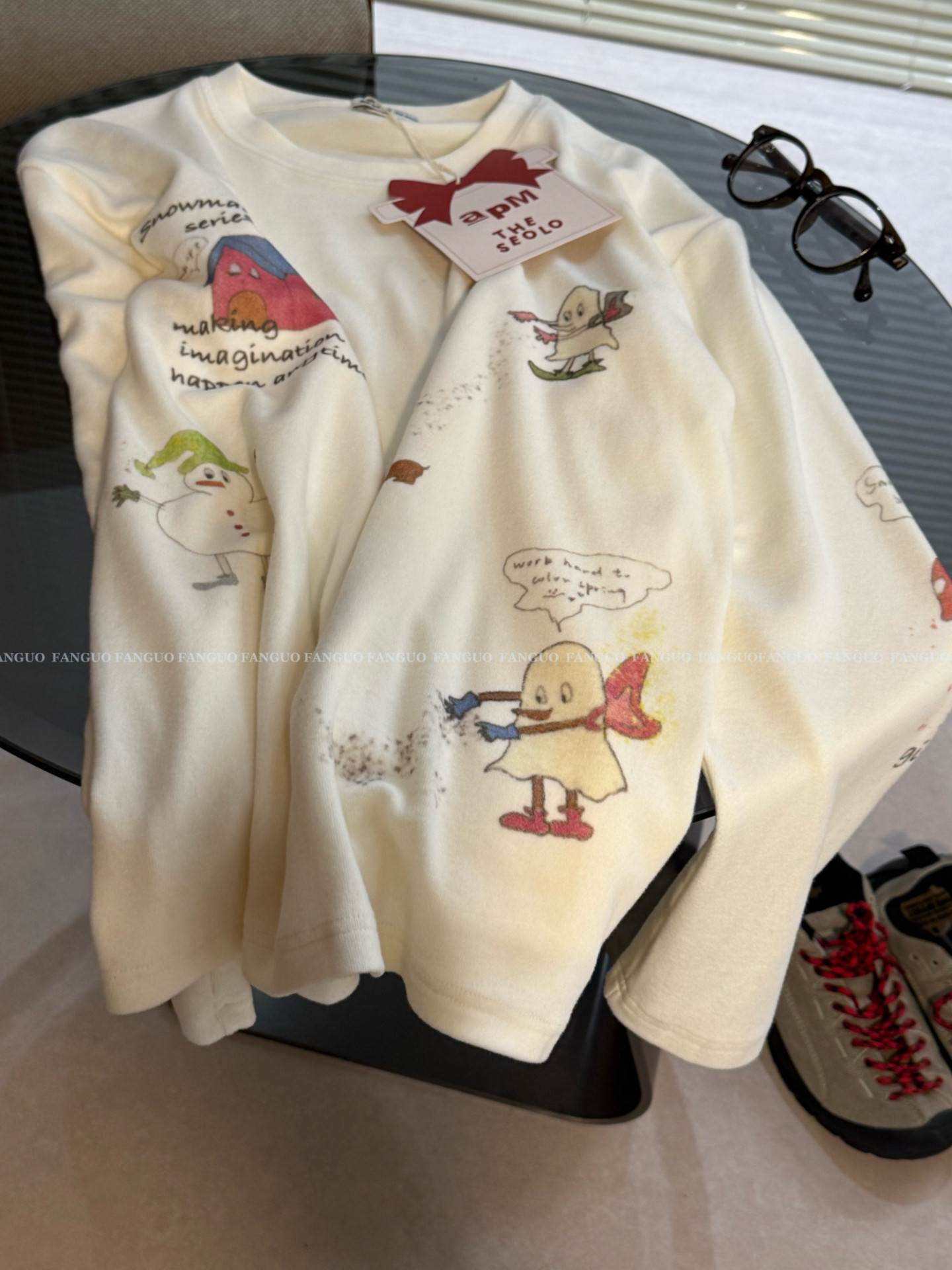 韩国ap*原厂！小雪人手绘涂鸦软糯磨毛保暖长袖T恤女打底衫