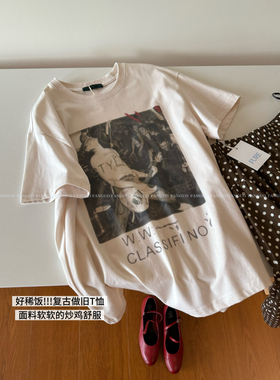 韩Hel*o Eat 美式复古做旧氛围感 港风摇滚乐队全棉短袖T恤女包邮