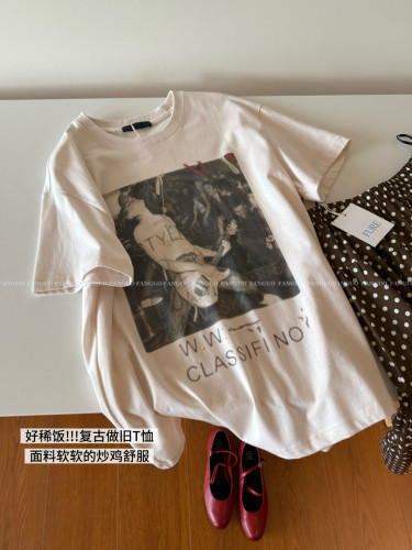 韩Hel*o Eat 美式复古做旧氛围感 港风摇滚乐队全棉短袖T恤女包邮