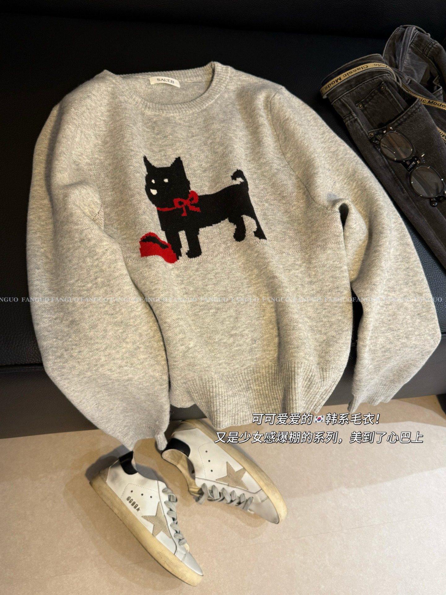 韩国订单 巨软糯～羊毛灰色复古可爱猫咪灰色毛衣针织衫女