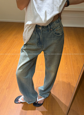 就是这个调调～无弹质感高级复古洗水做旧浅蓝泛白直筒牛仔裤包邮