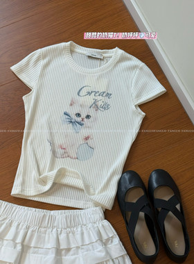 东大门订单！软妹风/猫咪 天丝莱塞尔坑条小飞袖短袖T恤女包邮