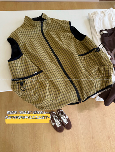 stet*nt 洋气实用！双面穿～复古美式休闲格子马甲外套女包邮