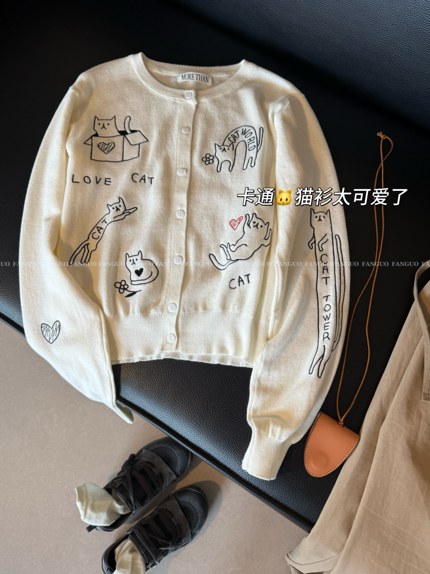 韩国morethan 刺绣猫咪 棉纱显瘦百搭针织开衫女