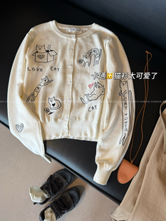 韩国morethan 刺绣猫咪 棉纱显瘦百搭针织开衫女