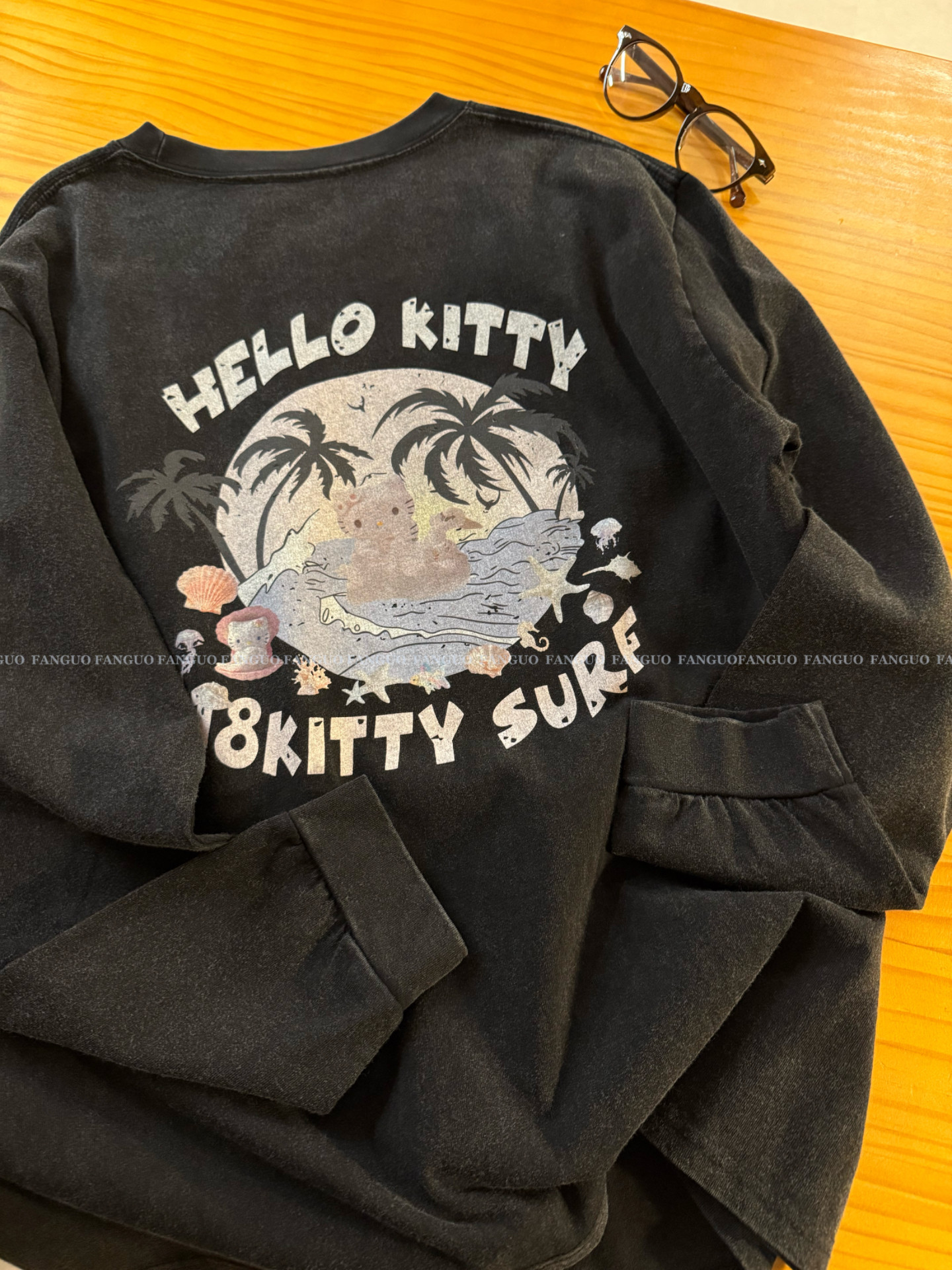 韩国东大门！重工砂洗做旧 慵懒度假风冲浪KT猫宽松长袖T恤女