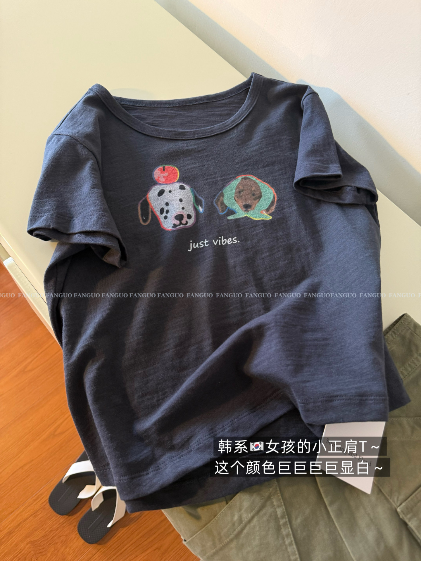 东大门原！100%肌理雪花棉 斑点狗短款正肩短袖T恤女包邮 - 实物图
