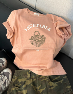 韩国东大门小众设计 花蓝面包简约ins印花短袖T恤女 2024春夏款