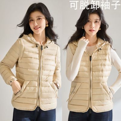 25冬新白鸭绒排骨羽绒服连帽可脱卸袖子保暖外套马甲女短款22697