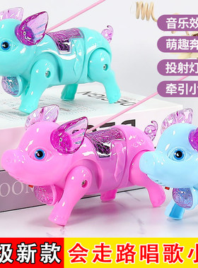 新款网红牵引绳小猪狗狗会唱歌发光音乐走路电动儿童玩具小孩男女