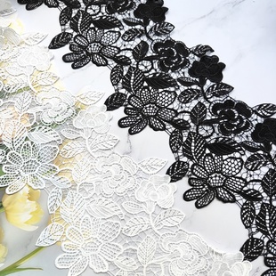 高端定制23cm宽水溶刺绣花边复古黑白镂空蕾丝下摆腰封装 饰辅料