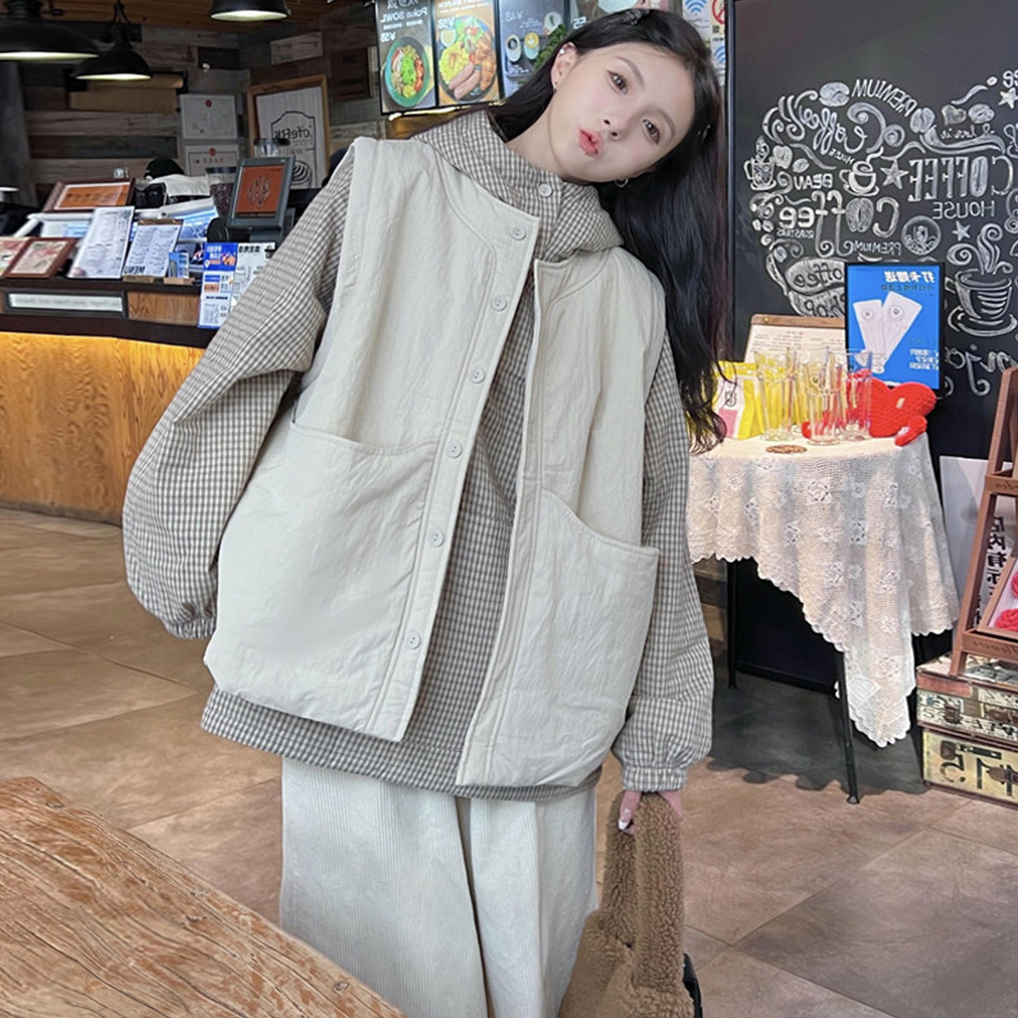 大码女装2025冬季韩版宽松连帽加厚格子卫衣+单排扣棉马甲两件套,女装/女士精品,大码套装,淘宝优惠券,粉丝福利购,淘宝优惠卷