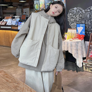 大码女装2025冬季韩版宽松连帽加厚格子卫衣+单排扣棉马甲两件套