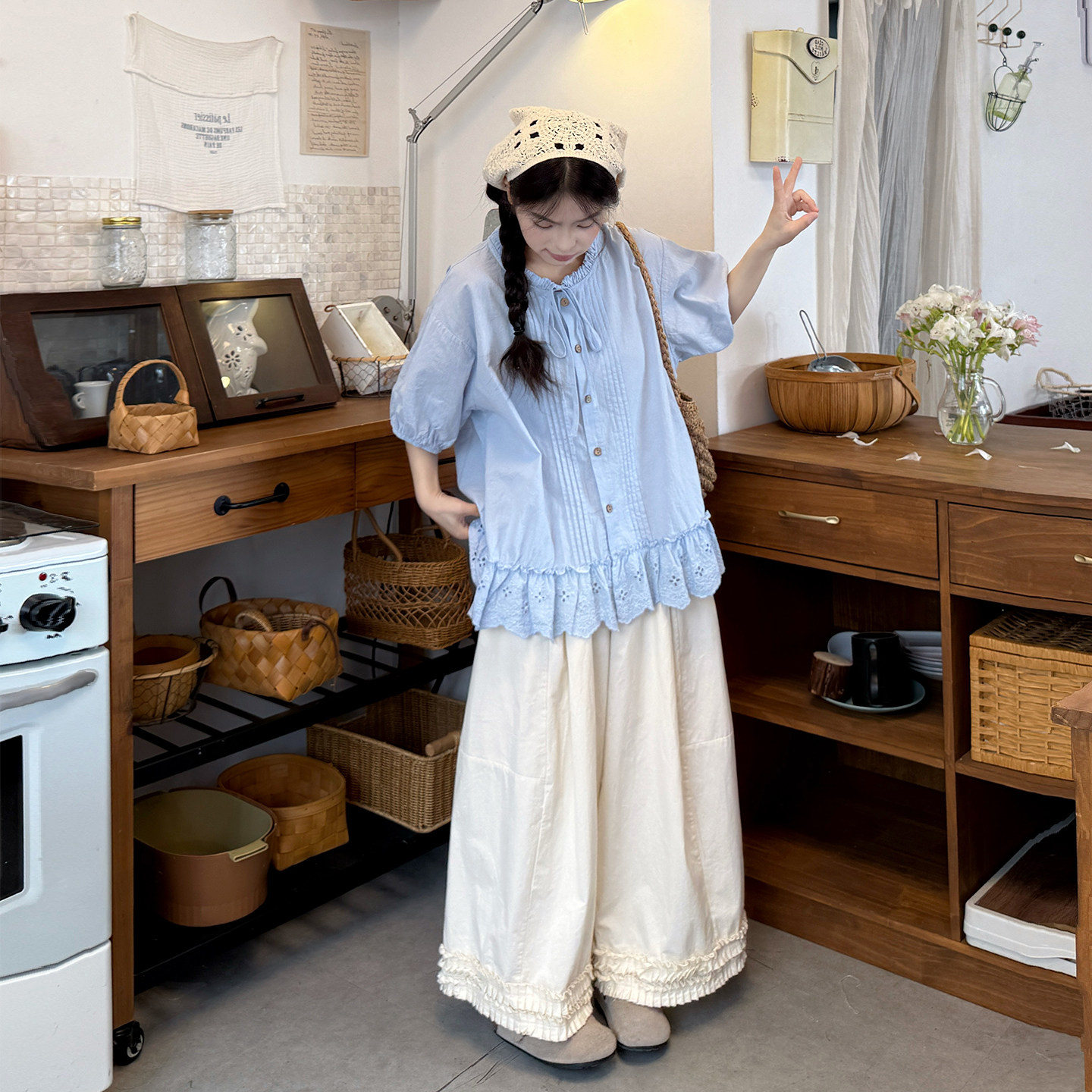 大码女装夏季日系泡泡袖花边衬衫阔腿裤两件套胖mm宽松显瘦套装