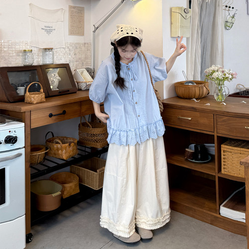 夏季大码日系泡泡袖衬衫两件套