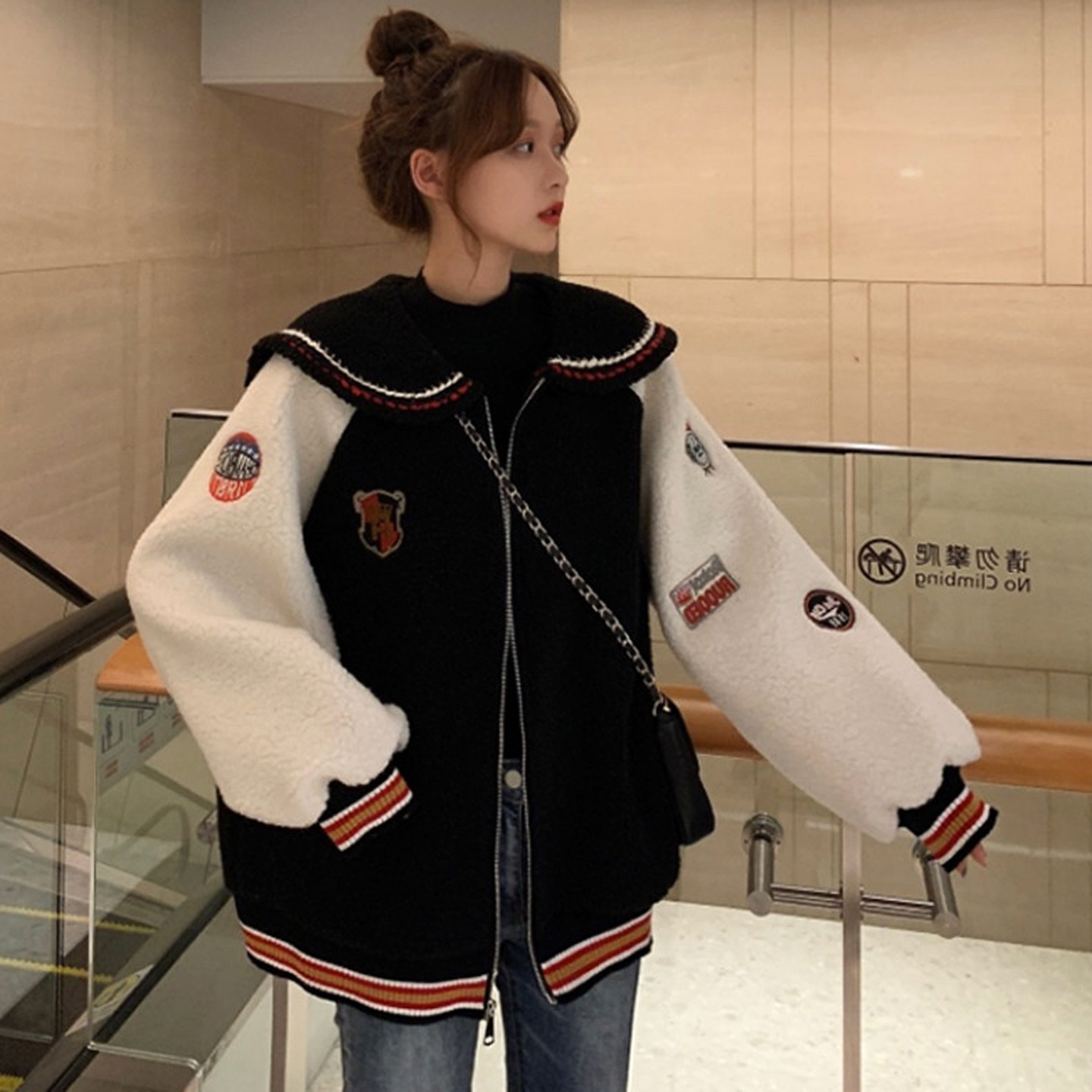 大码女装2025冬季网红新款胖mm洋气显瘦学院风海军撞色羊羔毛外套,女装/女士精品,常规大码外套,淘宝优惠券,粉丝福利购,淘宝优惠卷