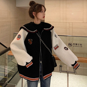 大码 胖mm洋气显瘦学院风海军撞色羊羔毛外套 网红新款 女装 2025冬季