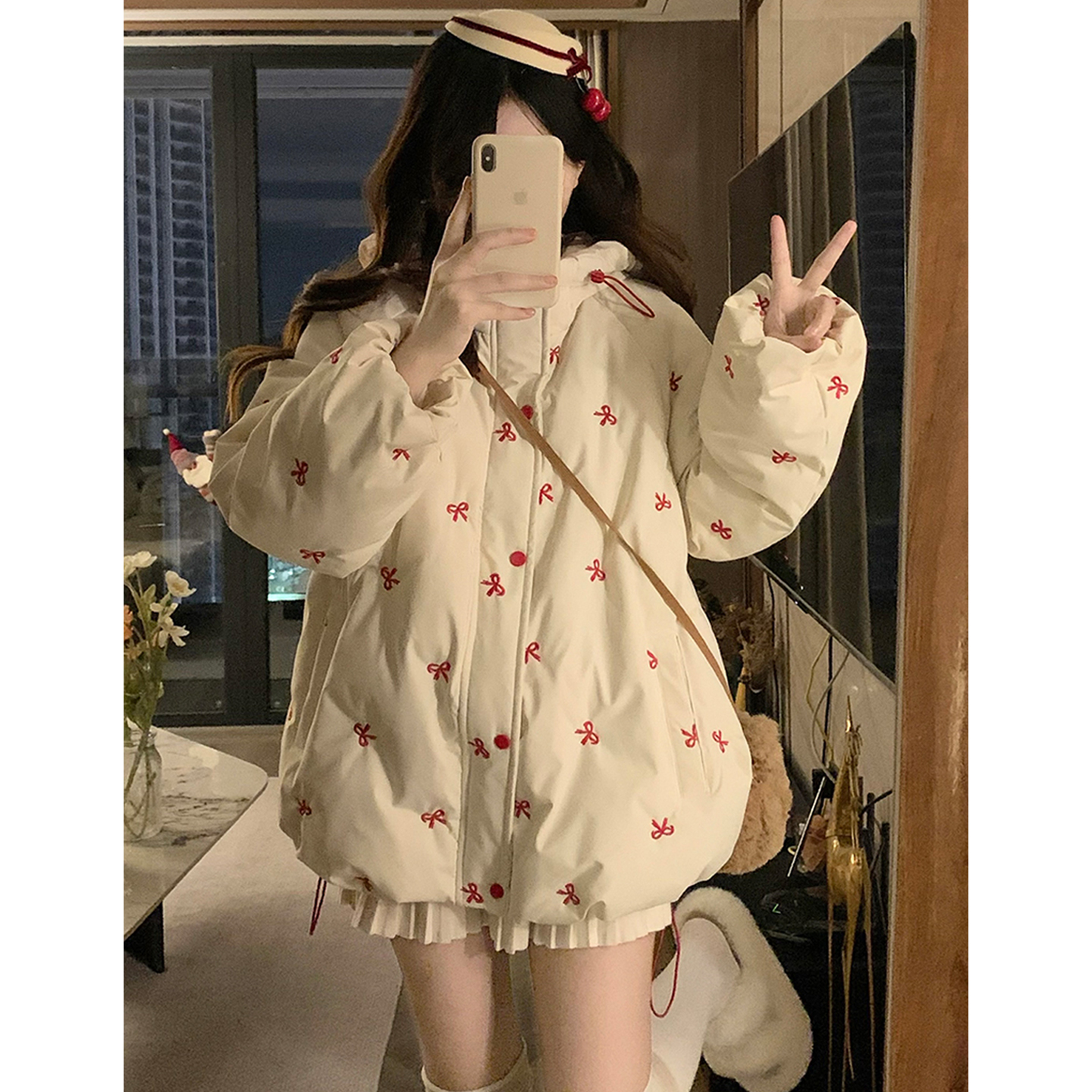 冬连帽中长款冰淇淋系列刺绣棉服