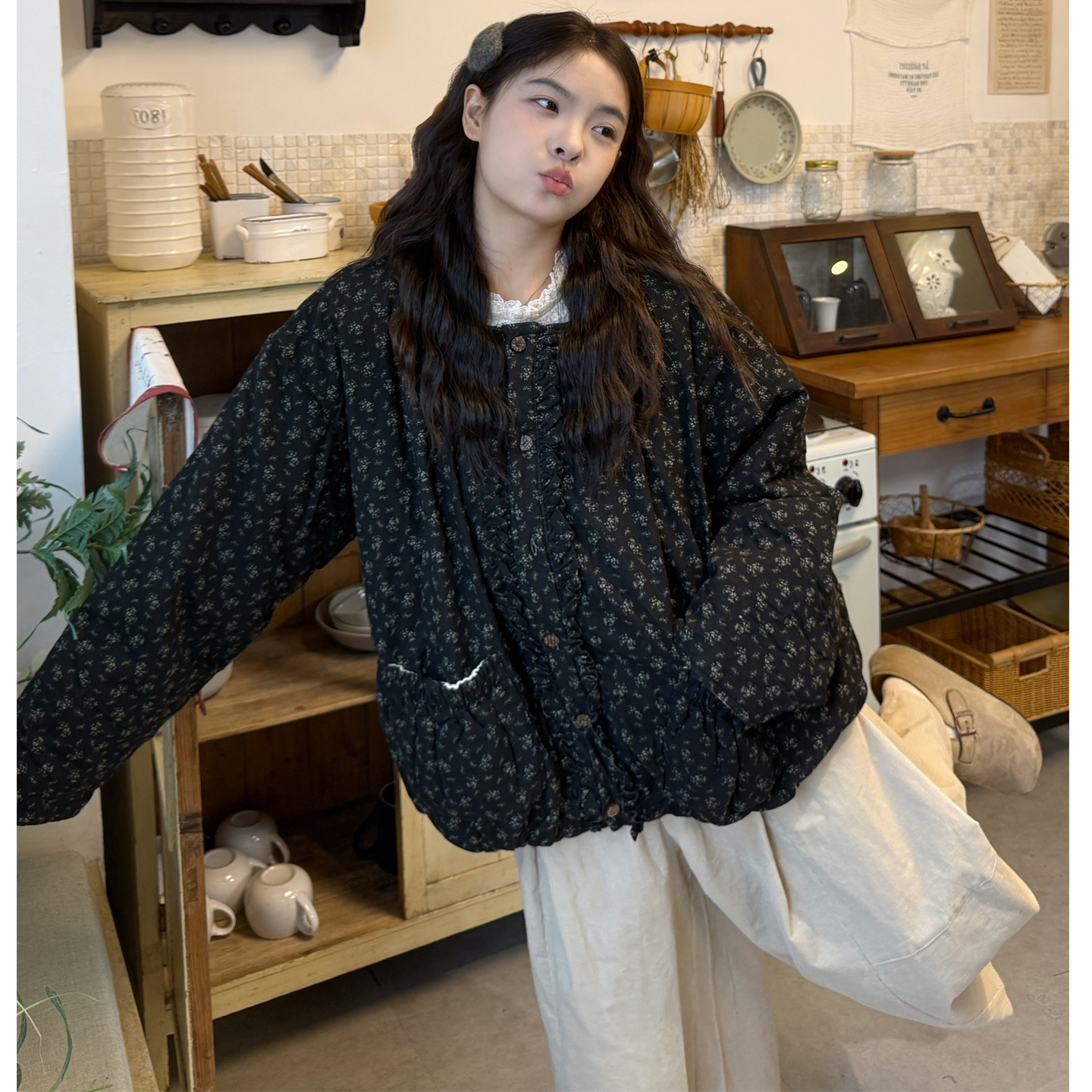 复古碎花宽松棉衣棉服+裤子套装