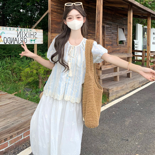 半身裙裤 新款 胖mm度假风系带流苏娃娃衫 子套装 女装 大码 2025夏季