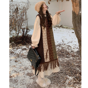 胖mm撞色木耳边领连衣裙 秋季 爱心针织背心裙叠穿两件套 女装 大码