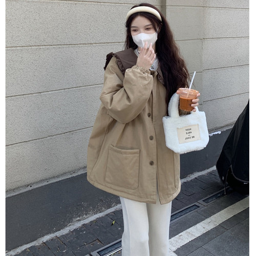 冬韩版木耳边娃娃领拼接棉衣外套