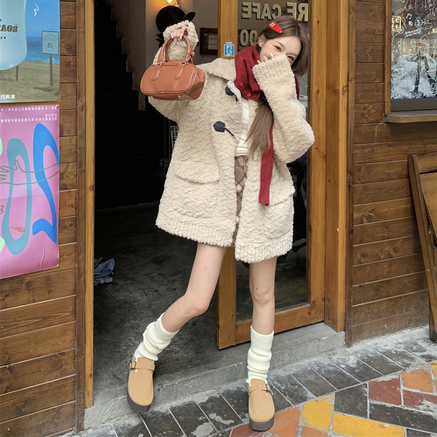 冬复古显瘦皮毛一体仿羊羔毛外套