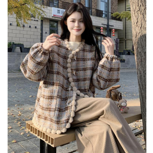 大码女装2025冬季新款胖mm韩版宽松设计感复古格纹加棉毛呢外套潮