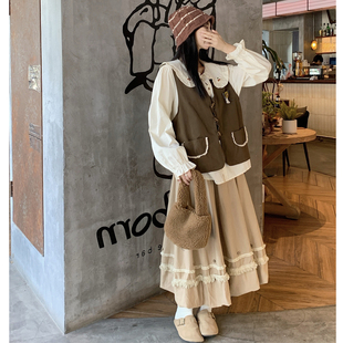 胖mm韩版 2026春季 娃娃领衬衫 花边马甲 大码 花苞裙半身裙套装 女装