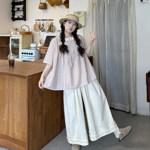 大码女夏季显瘦荷叶衬衫长裤套装