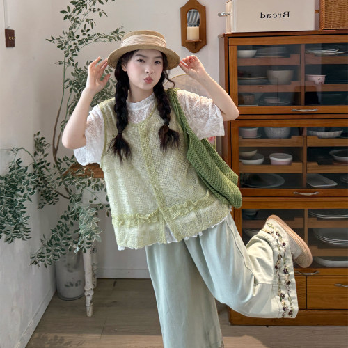 大码女夏季甜美蕾丝T马甲三件套