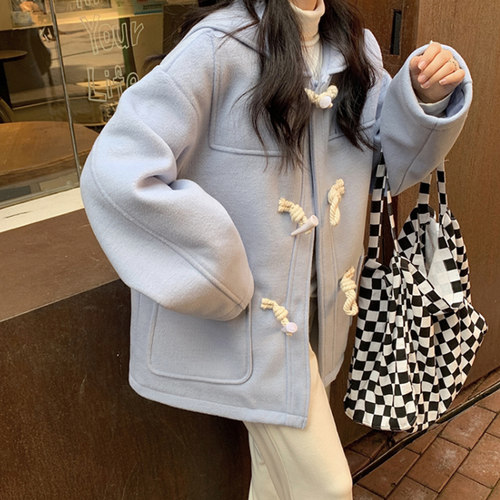 大码韩版学院风复古牛角扣外套