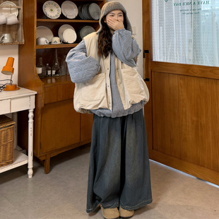 大码女装2025冬新款胖mm韩版夹棉格子卫衣外套+棉马甲+牛仔裤套装