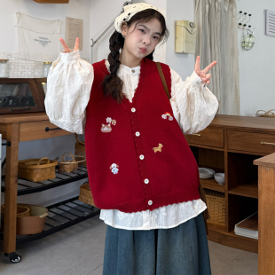 女装 套装 2026胖mm甜美刺绣V领针织马甲 牛仔裤 宽松刺绣衬衫 大码