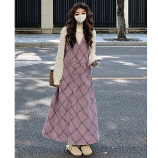 胖mm紫色格纹V领包扣毛呢背心裙 2025秋季 蕾丝打底两件套 女装 大码