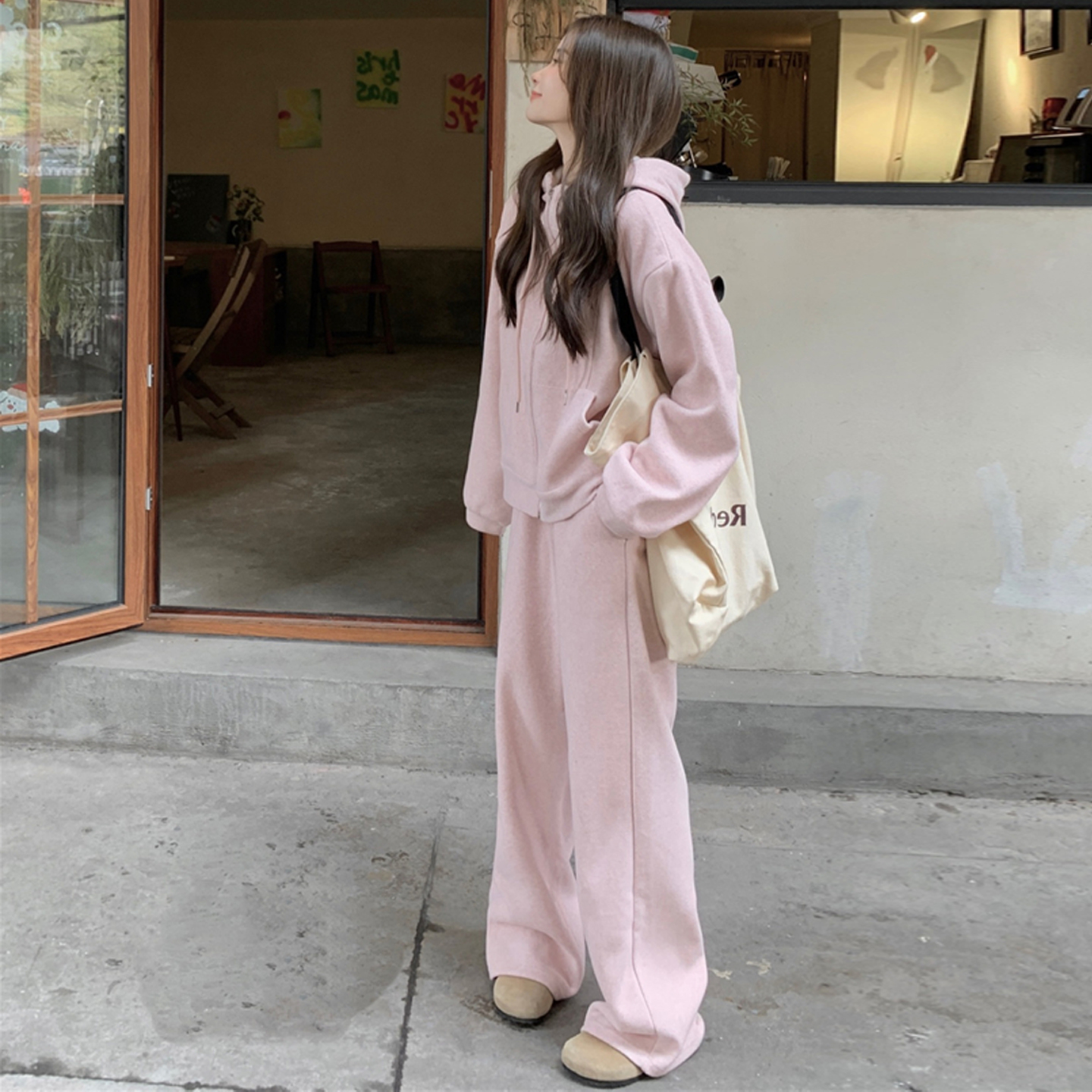 大码女装2025秋冬胖mm韩版休闲运动风加绒拉链卫衣外套阔腿裤套装