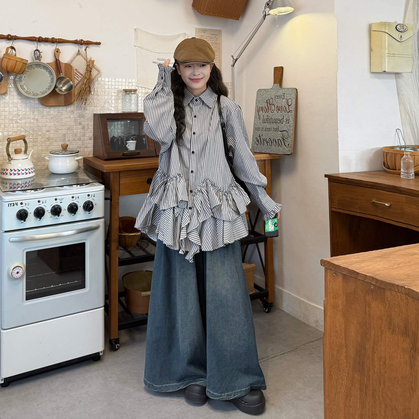 大码女装夏条纹不规则荷叶边衬衫裙宽松显瘦长袖通勤牛仔裤两件套