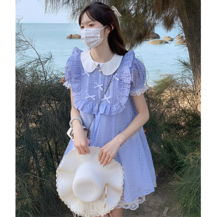 大码 胖mm娃娃领蕾丝边甜美可爱蓝色格纹公主蓬蓬裙连衣裙 女装 夏季