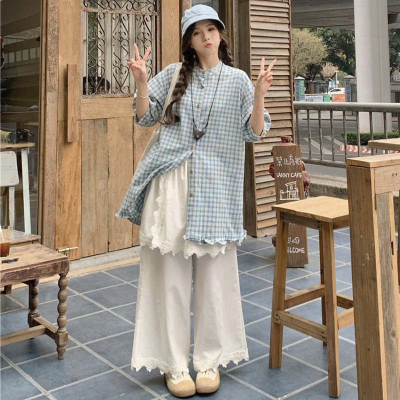 大码女装2025夏季新款胖mm韩版宽松蓝格衬衫假两件裙裤花边阔腿裤