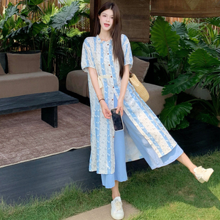 裙 女装 2025夏季 新款 大码 阔腿裤 温柔风减龄碎花衬衫 胖mm法式 套装