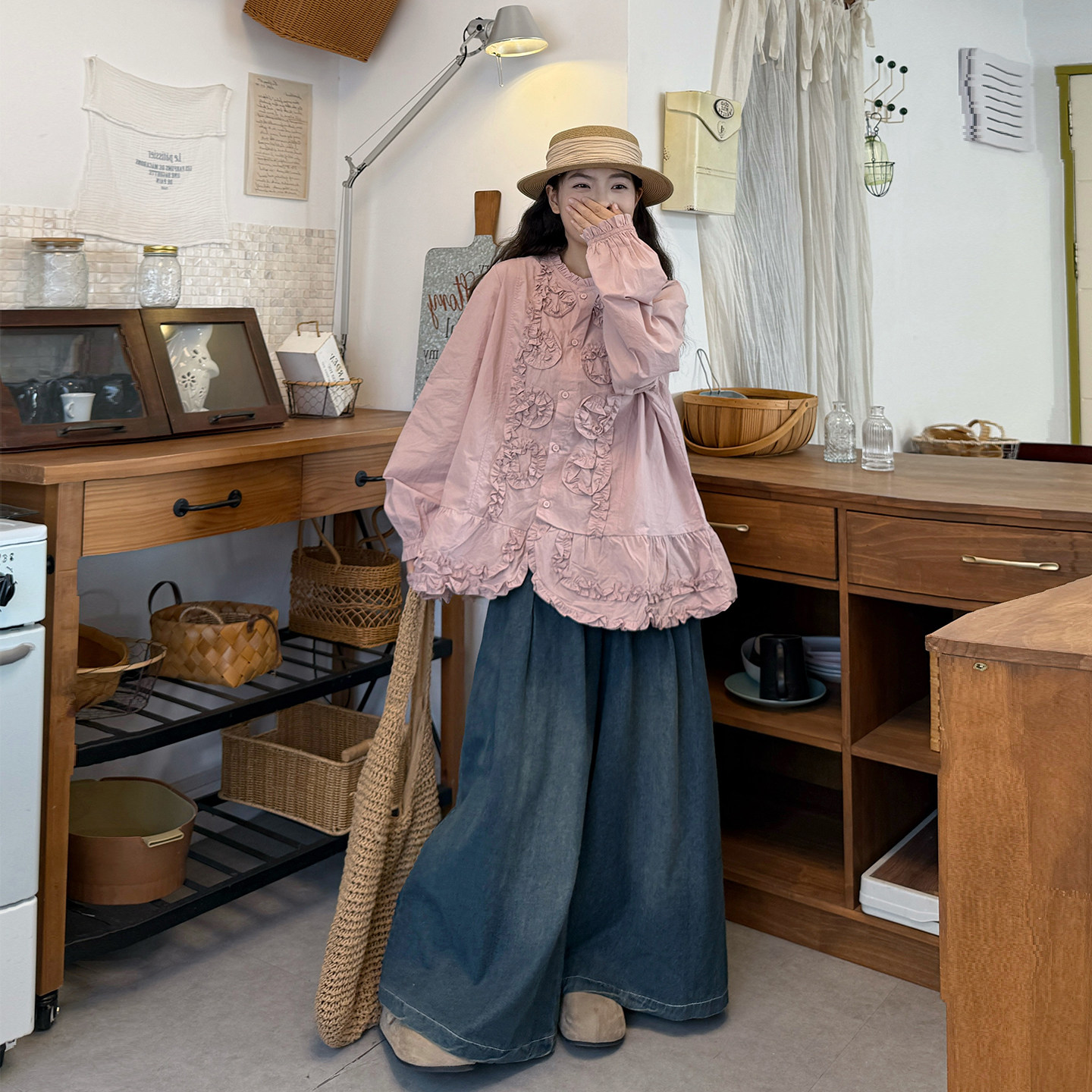 大码女装春季甜美风荷叶边重磅立体花朵衬衣牛仔裤两件套宽松套装